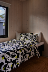 60652-5435-01-06_1; 60682-5435-01-05_1; Finlayson Sukukokous Parivuoteen pussilakanasetti Musta / Valkoinen / Vihreä / 240x210 + 50x60 cm